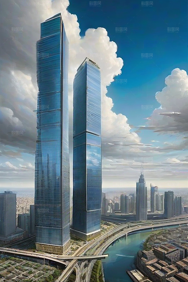 飞翔摩天都市景观中的高楼大厦与飞机