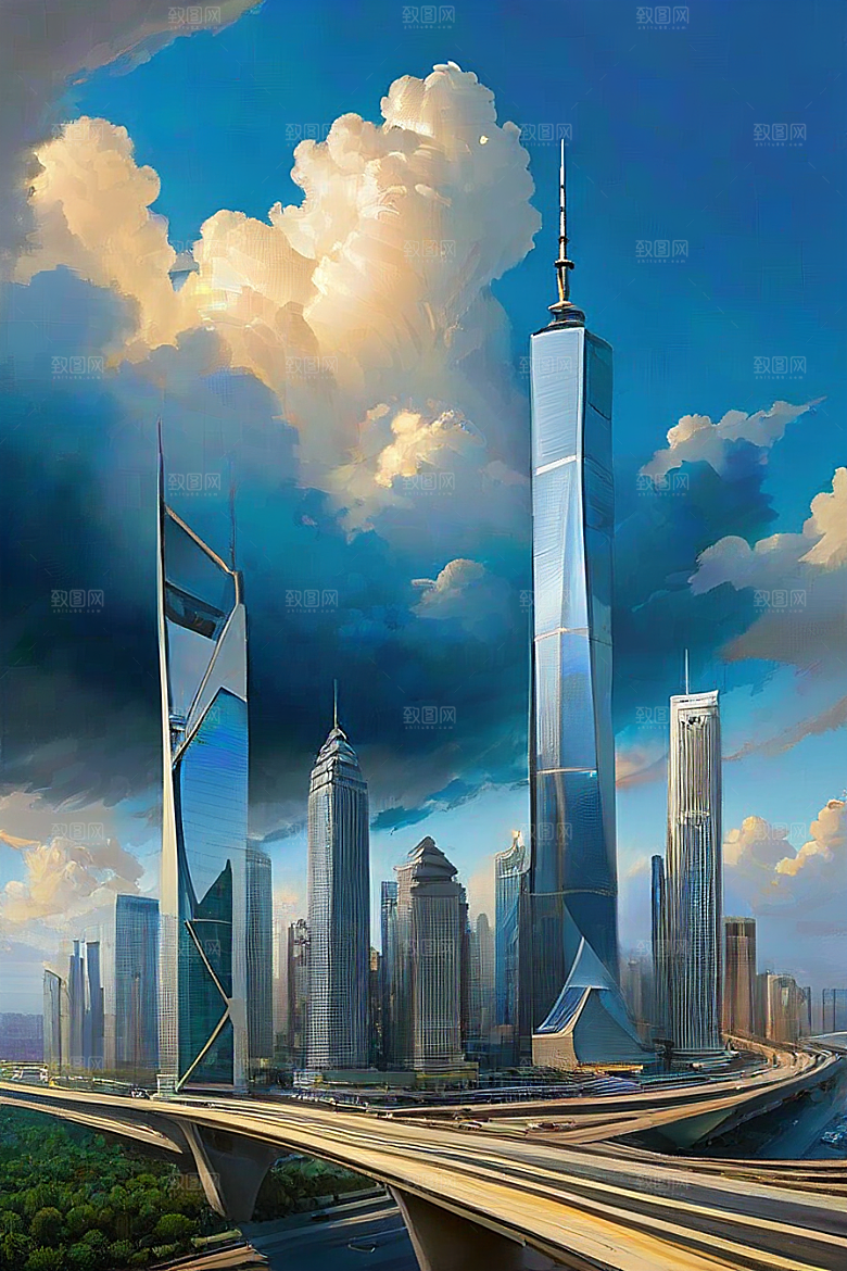 飞翔摩天都市景观中的高楼大厦与飞机
