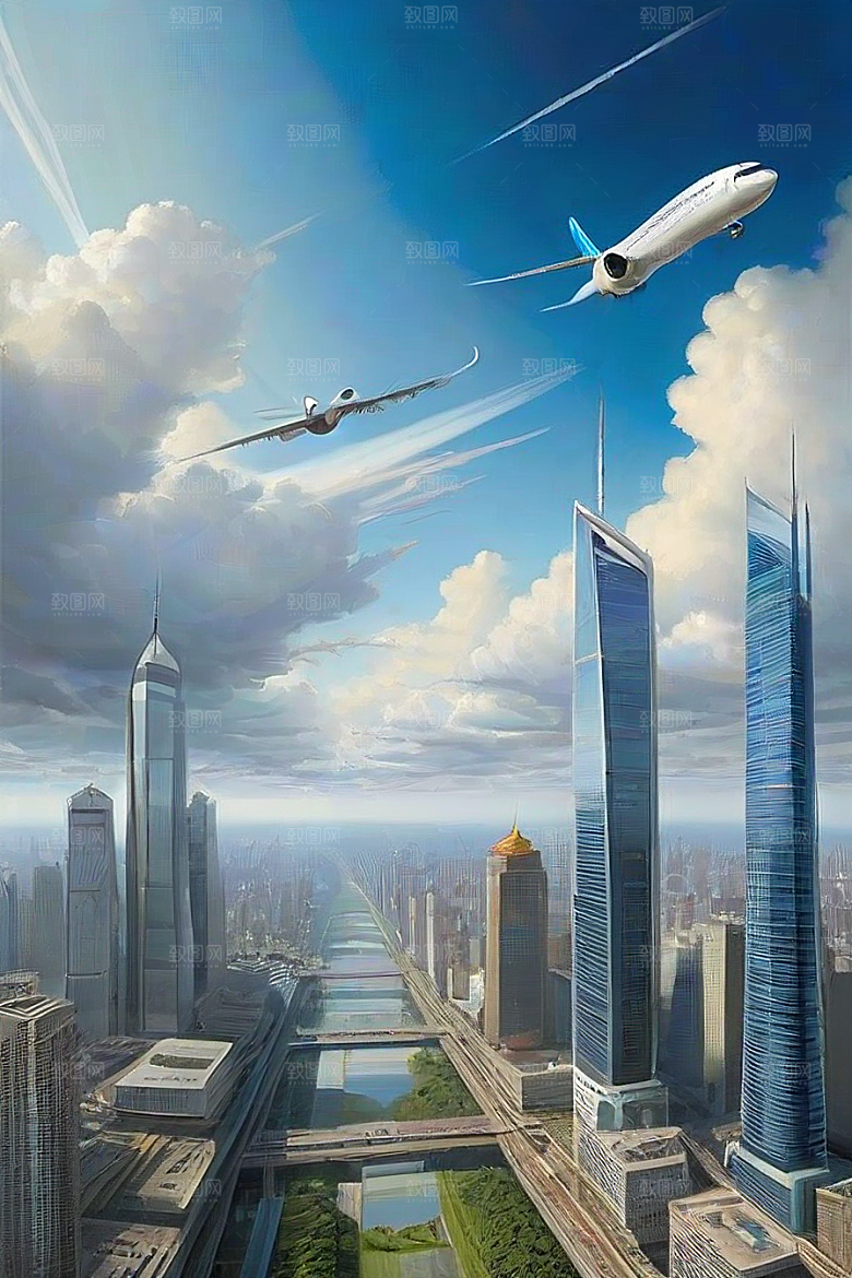 城市摩天高楼大厦与飞机的融合风景