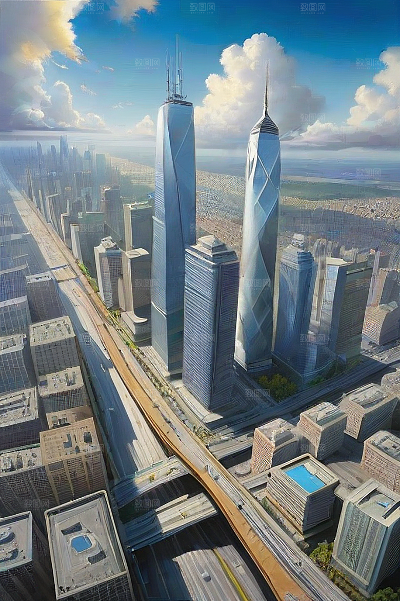 城市摩天高楼大厦与飞机的融合风景