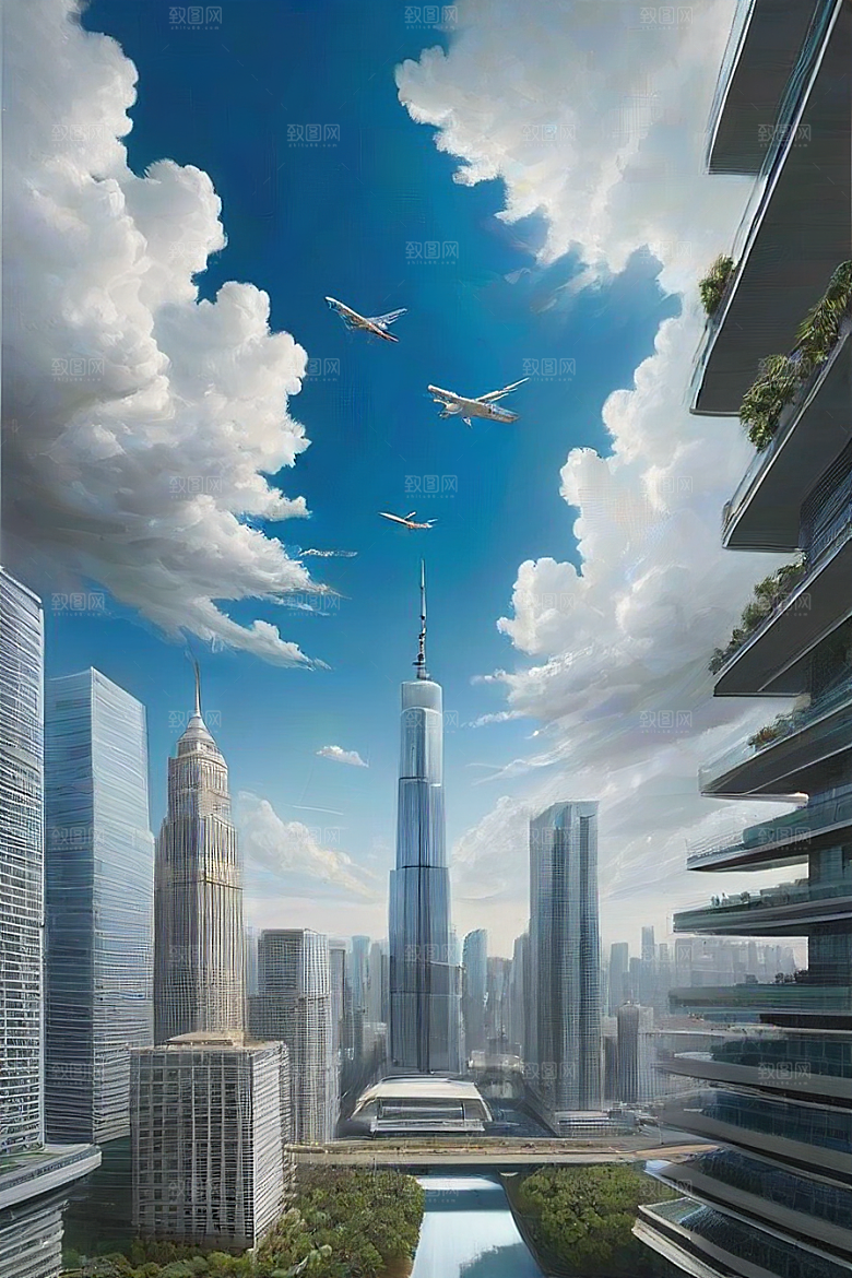 城市摩天高楼大厦与飞机的融合风景