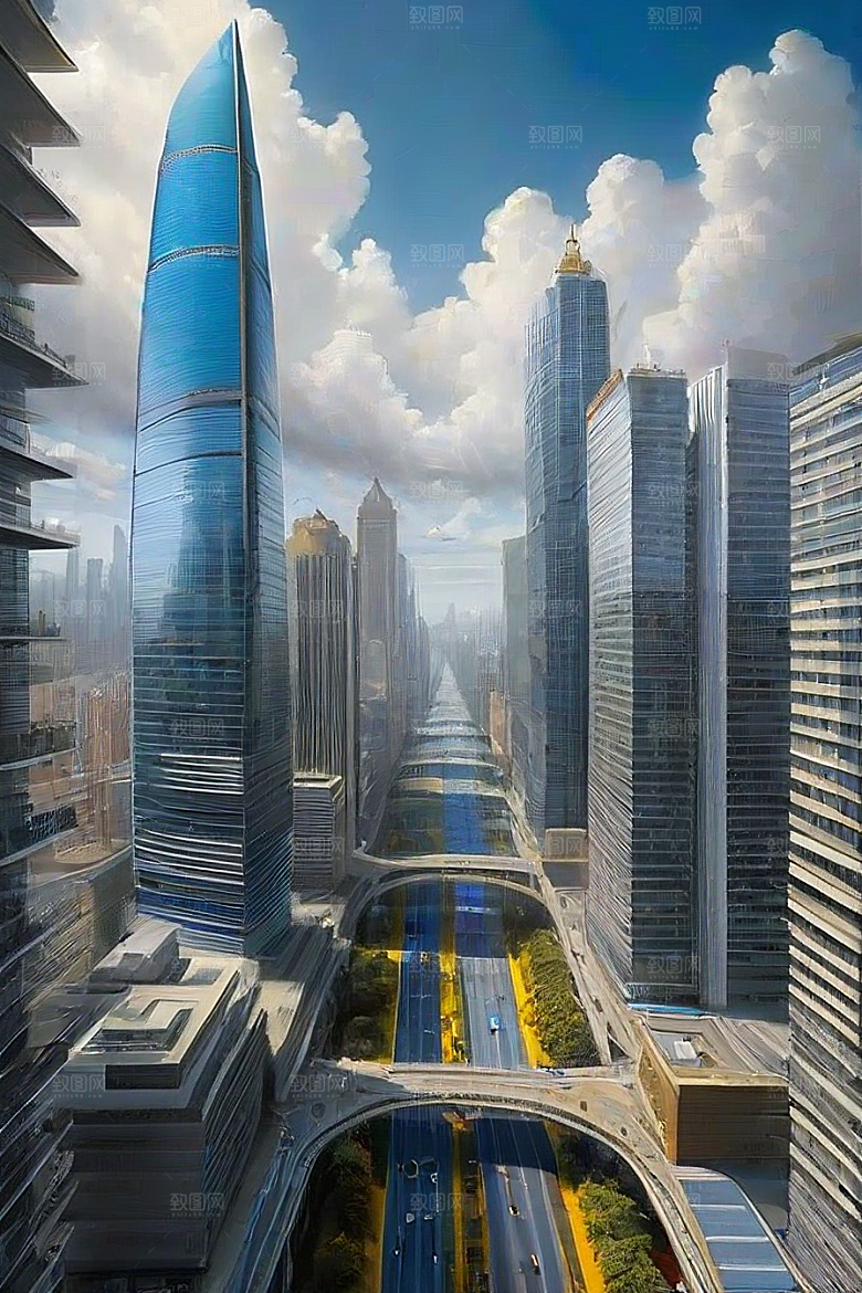 城市摩天高楼大厦与飞机的融合风景