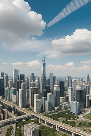 城市摩天高楼大厦与飞机的融合风景