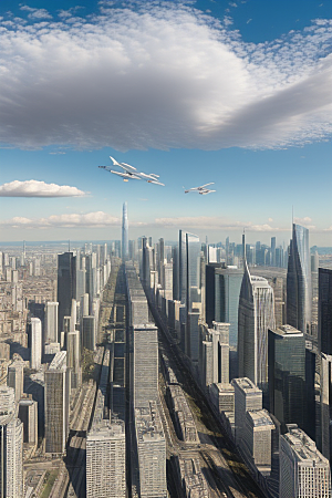 城市摩天高楼大厦与飞机的融合风景