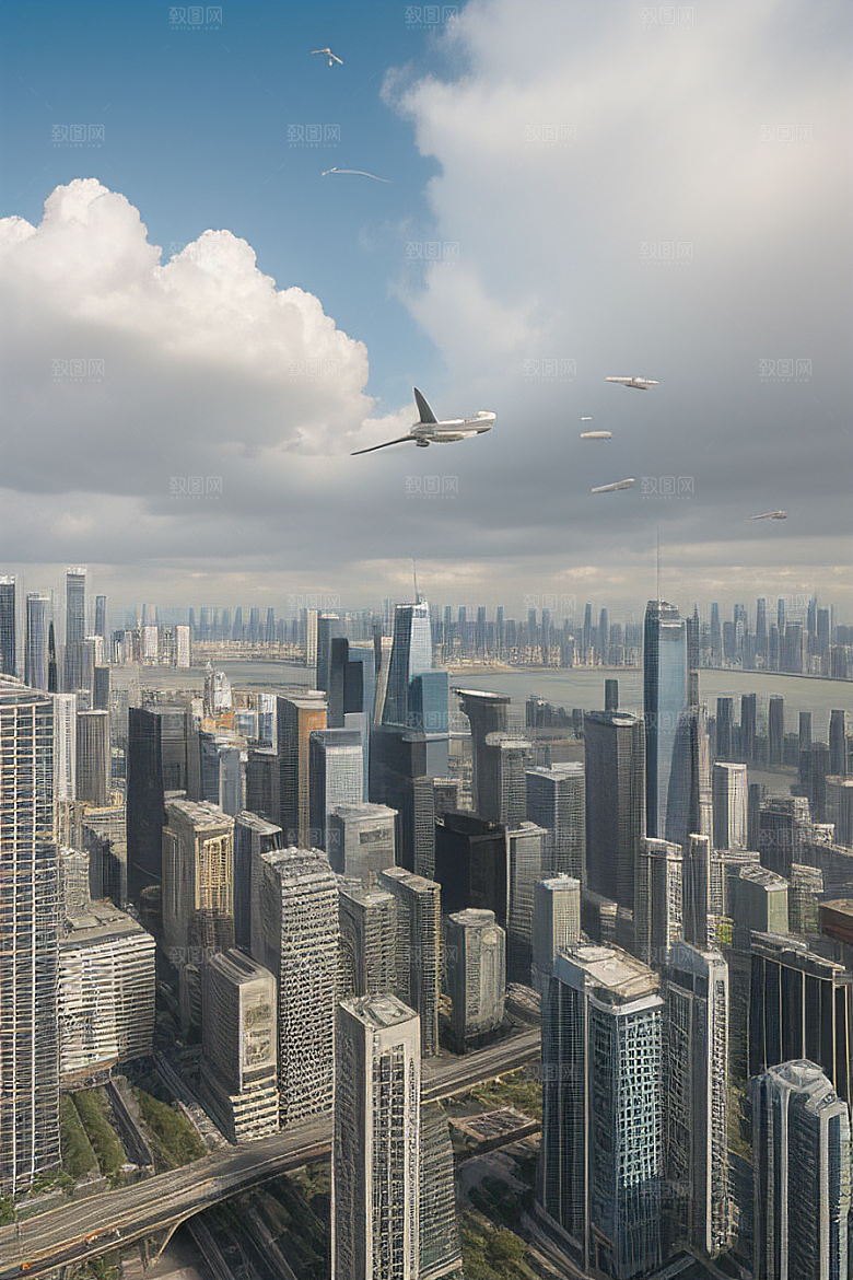 蓝天都市摩天楼与飞机构成的现代风景