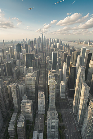 蓝天都市摩天楼与飞机构成的现代风景