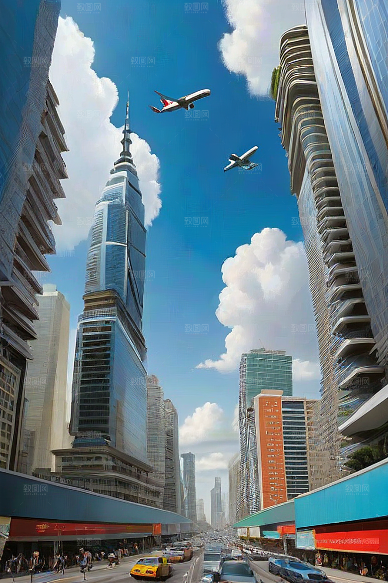 蓝天都市摩天楼与飞机构成的现代风景