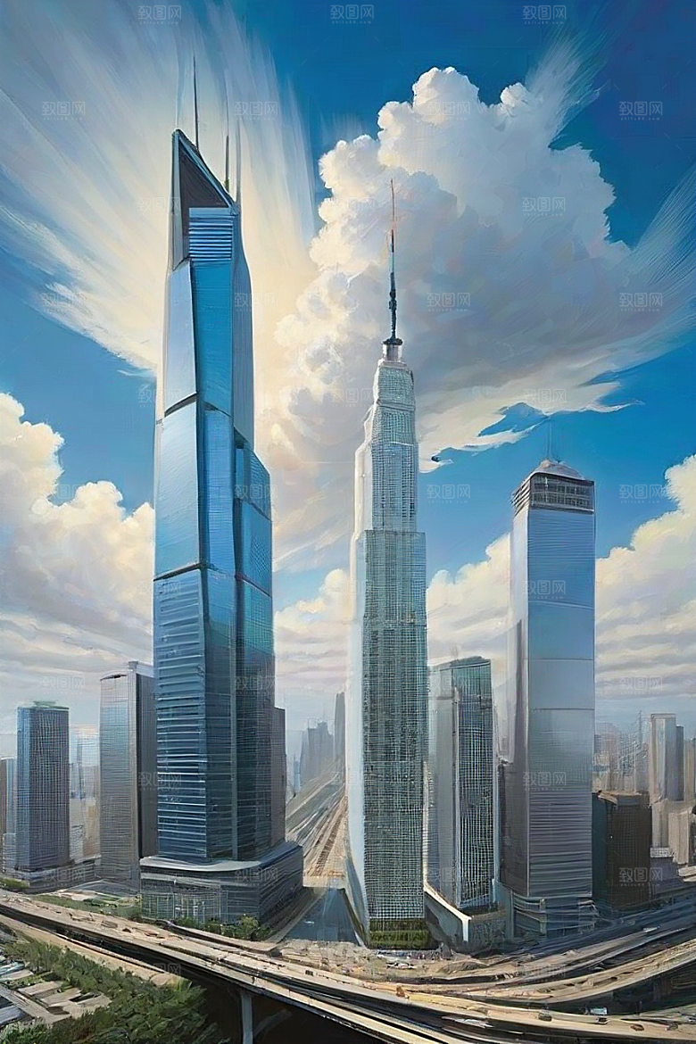 蓝天都市摩天楼与飞机构成的现代风景
