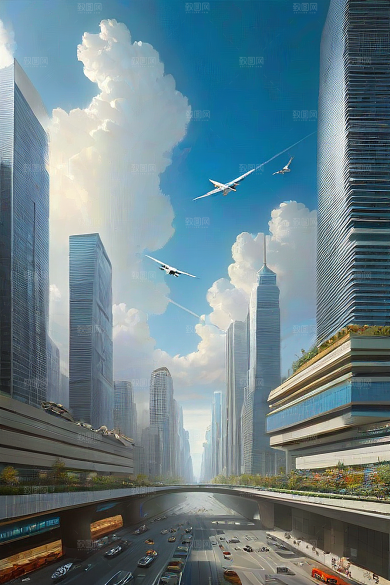 蓝天都市摩天楼与飞机构成的现代风景