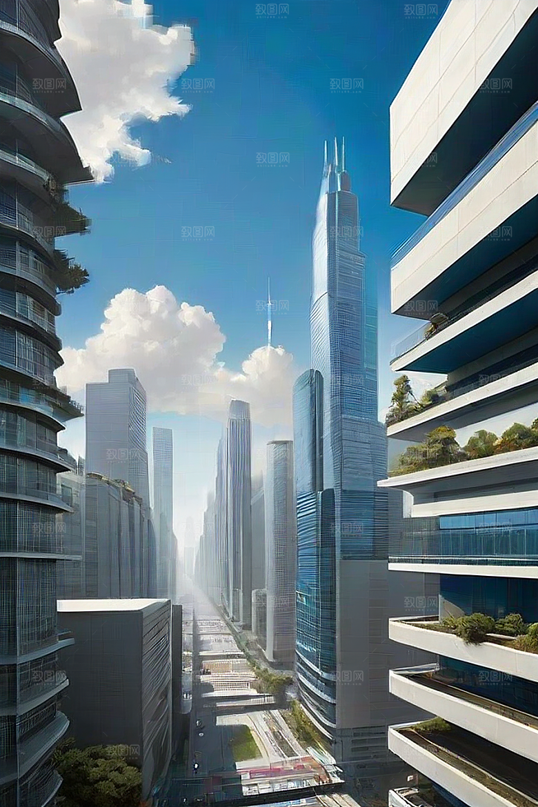 蓝天都市摩天楼与飞机构成的现代风景