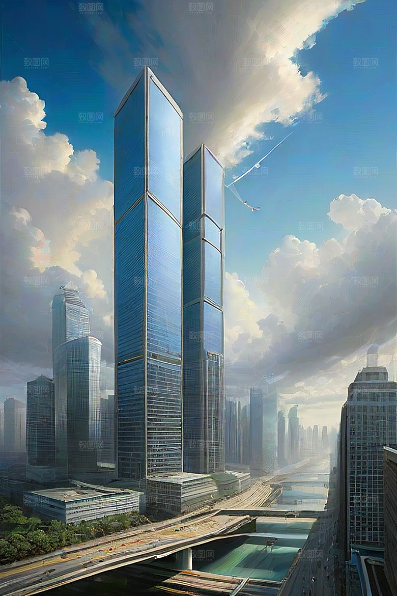 蓝天都市摩天楼与飞机构成的现代风景