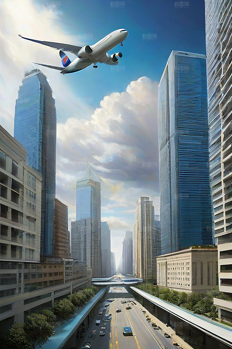 蓝天都市摩天楼与飞机构成的现代风景