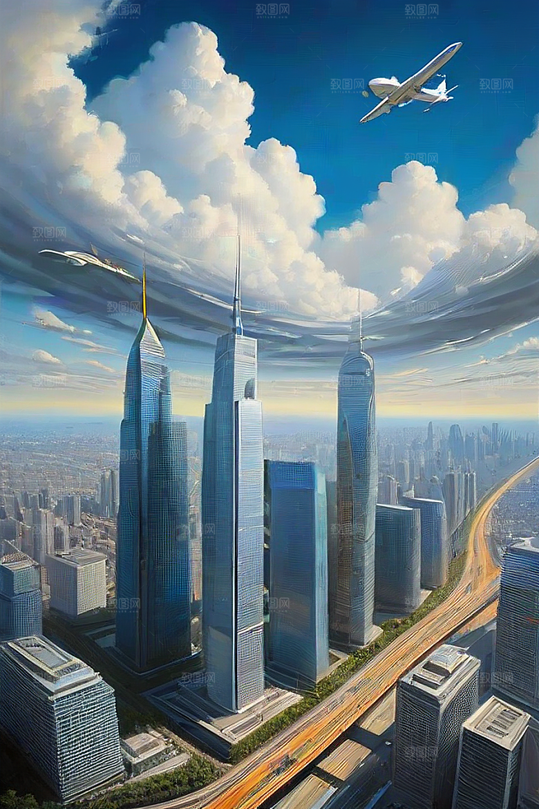 蓝天都市摩天楼与飞机构成的现代风景