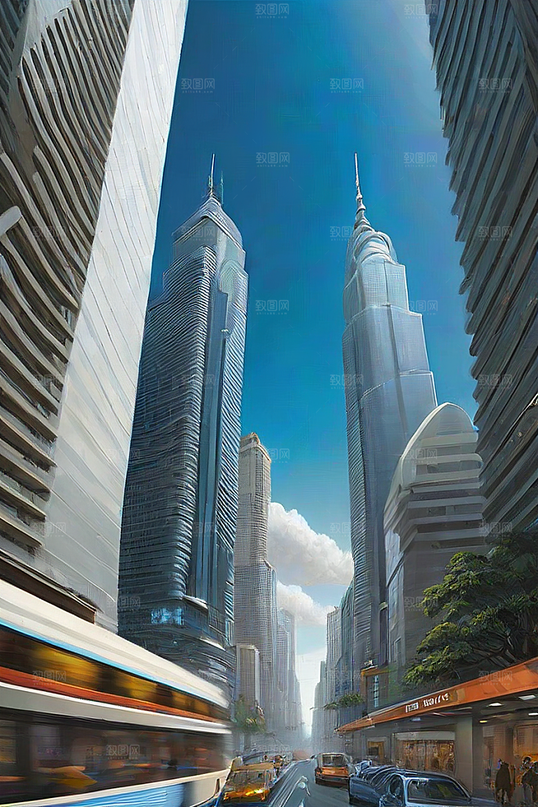蓝天都市摩天楼与飞机构成的现代风景
