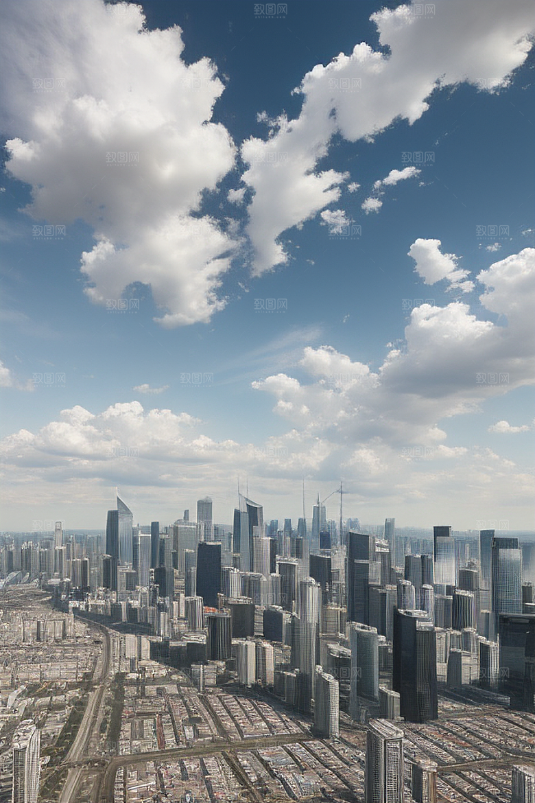 蓝天都市摩天楼与飞机构成的现代风景