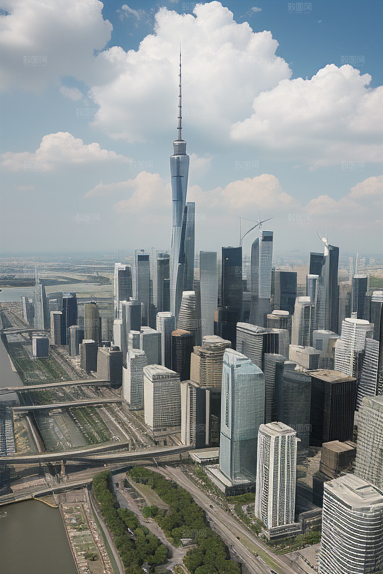 蓝天都市摩天楼与飞机构成的现代风景