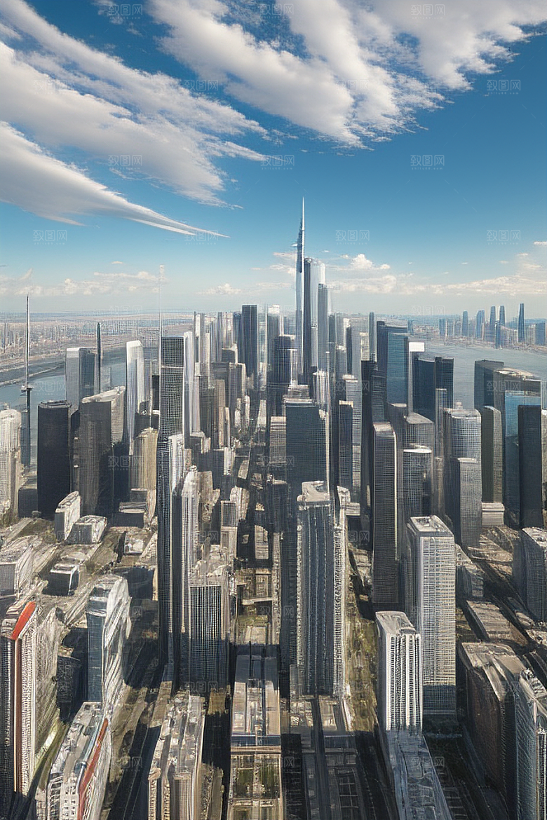 蓝天都市摩天楼与飞机构成的现代风景
