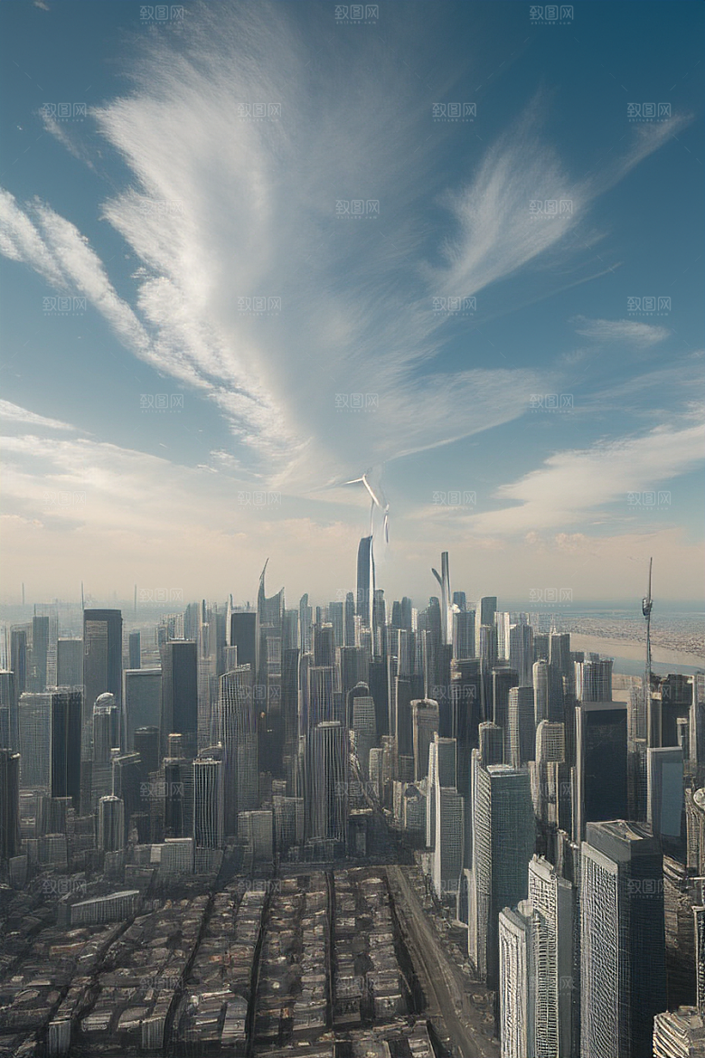 蓝天都市摩天楼与飞机构成的现代风景