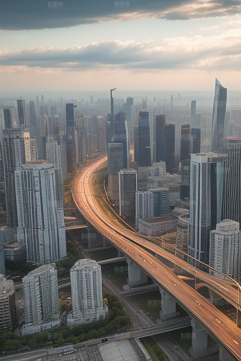 蓝天都市摩天楼与飞机构成的现代风景