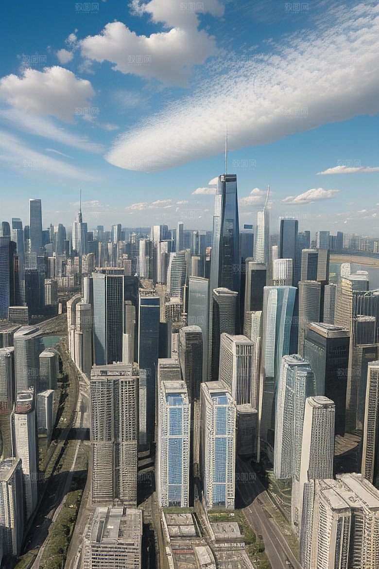 蓝天都市摩天楼与飞机构成的现代风景