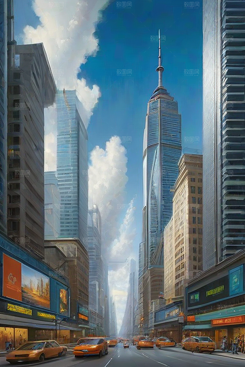 蓝天都市摩天楼与飞机构成的现代风景