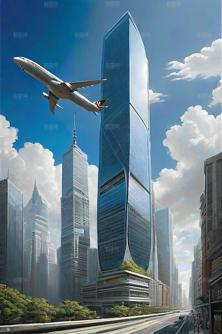 蓝天都市摩天楼与飞机构成的现代风景