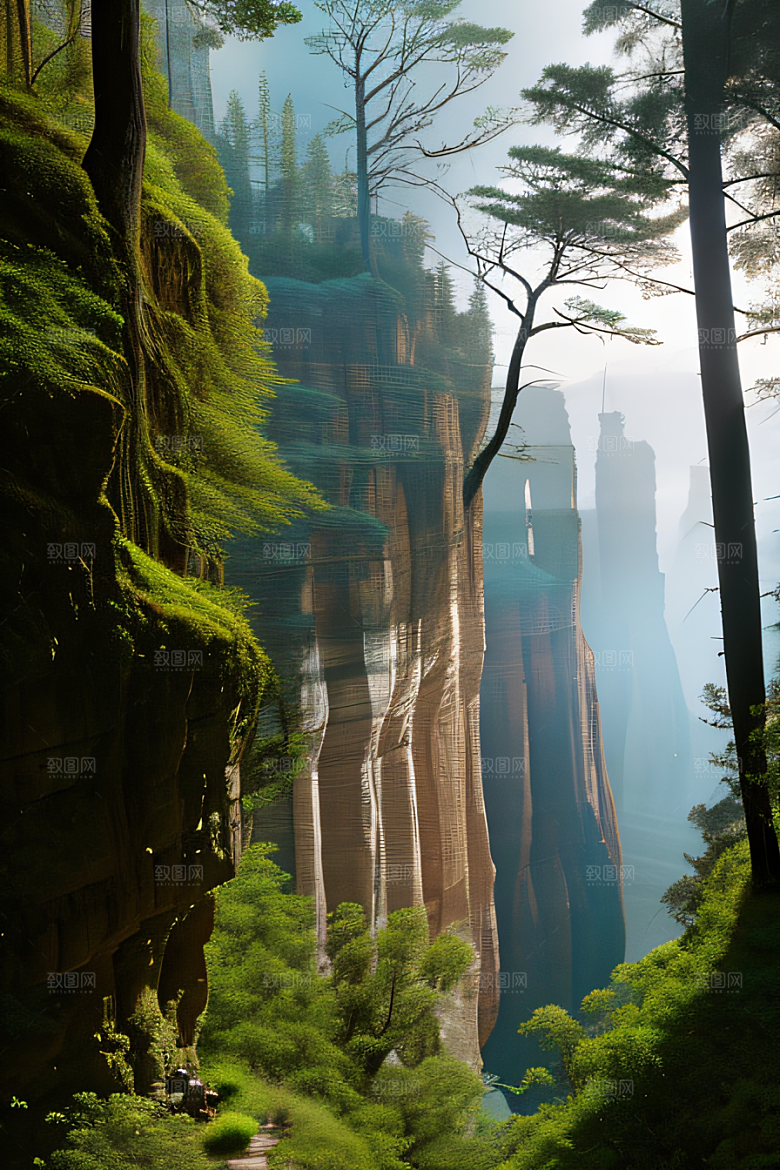 宁静峡谷鸟群翱翔山川树木见证的壮丽景象