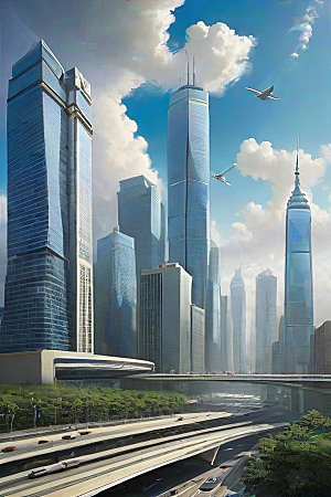 都市飞越高楼大厦与飞机