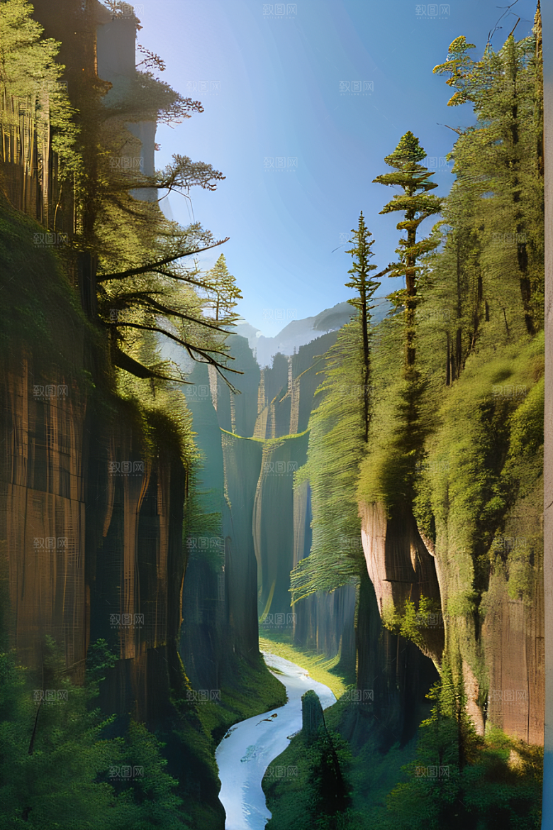 宁静峡谷鸟群翱翔山川树木见证的壮丽景象