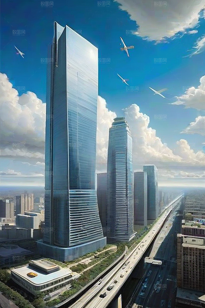 都市飞越高楼大厦与飞机