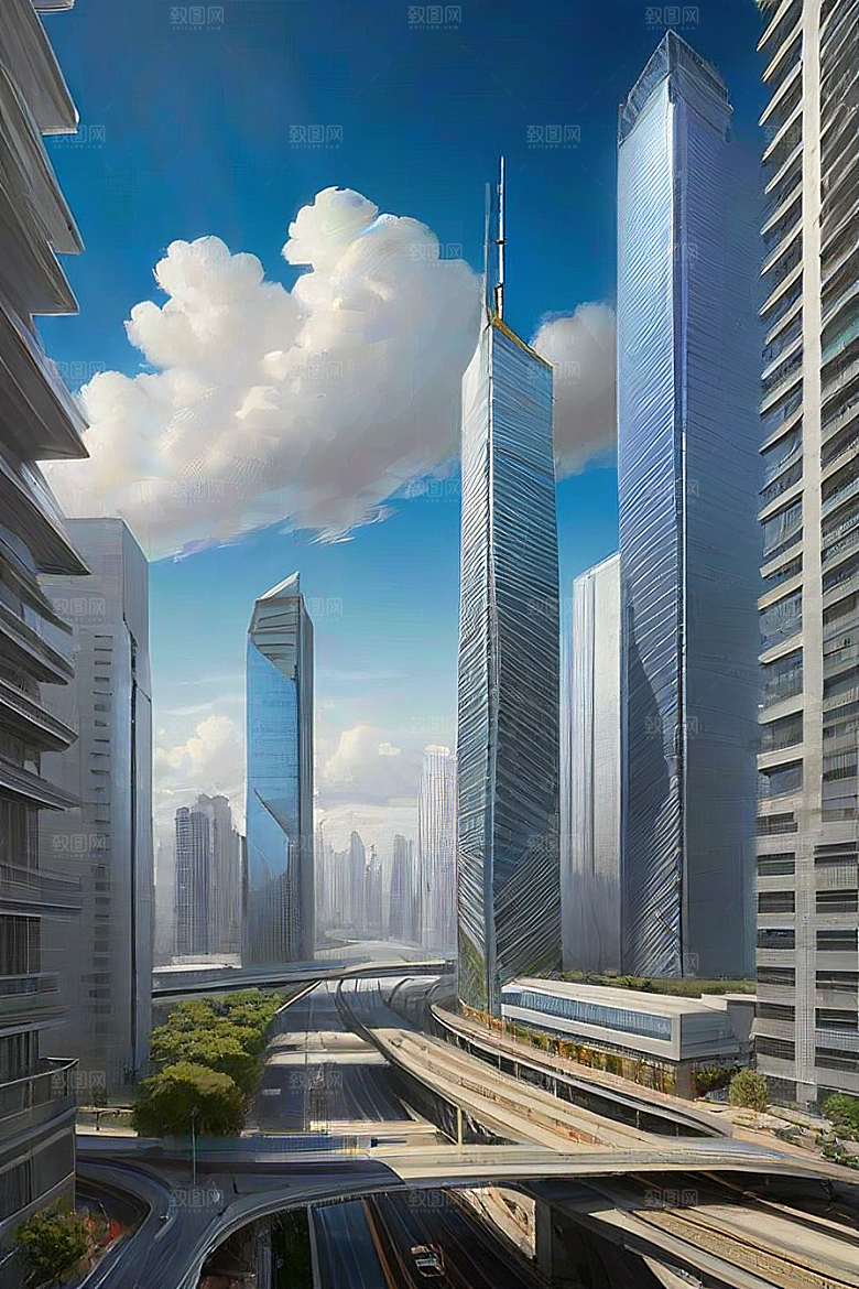 都市摩天高楼大厦与飞机的融合景观