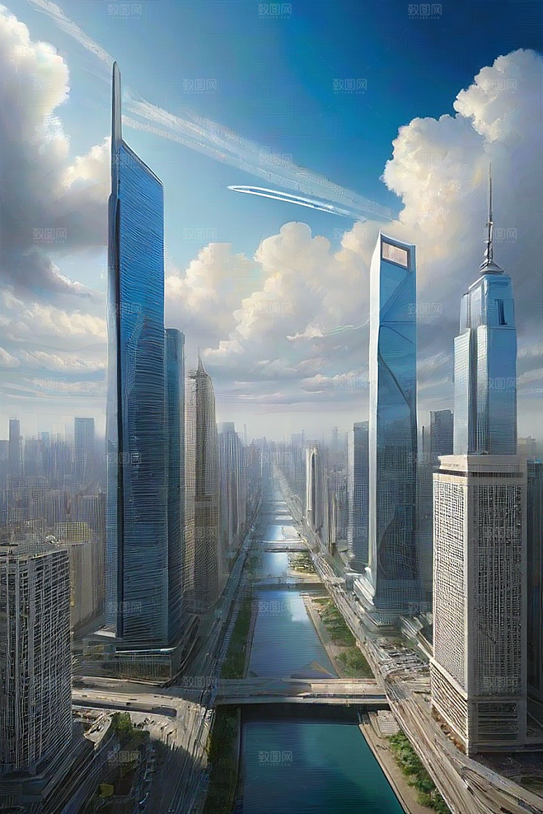 都市摩天高楼大厦与飞机的融合景观