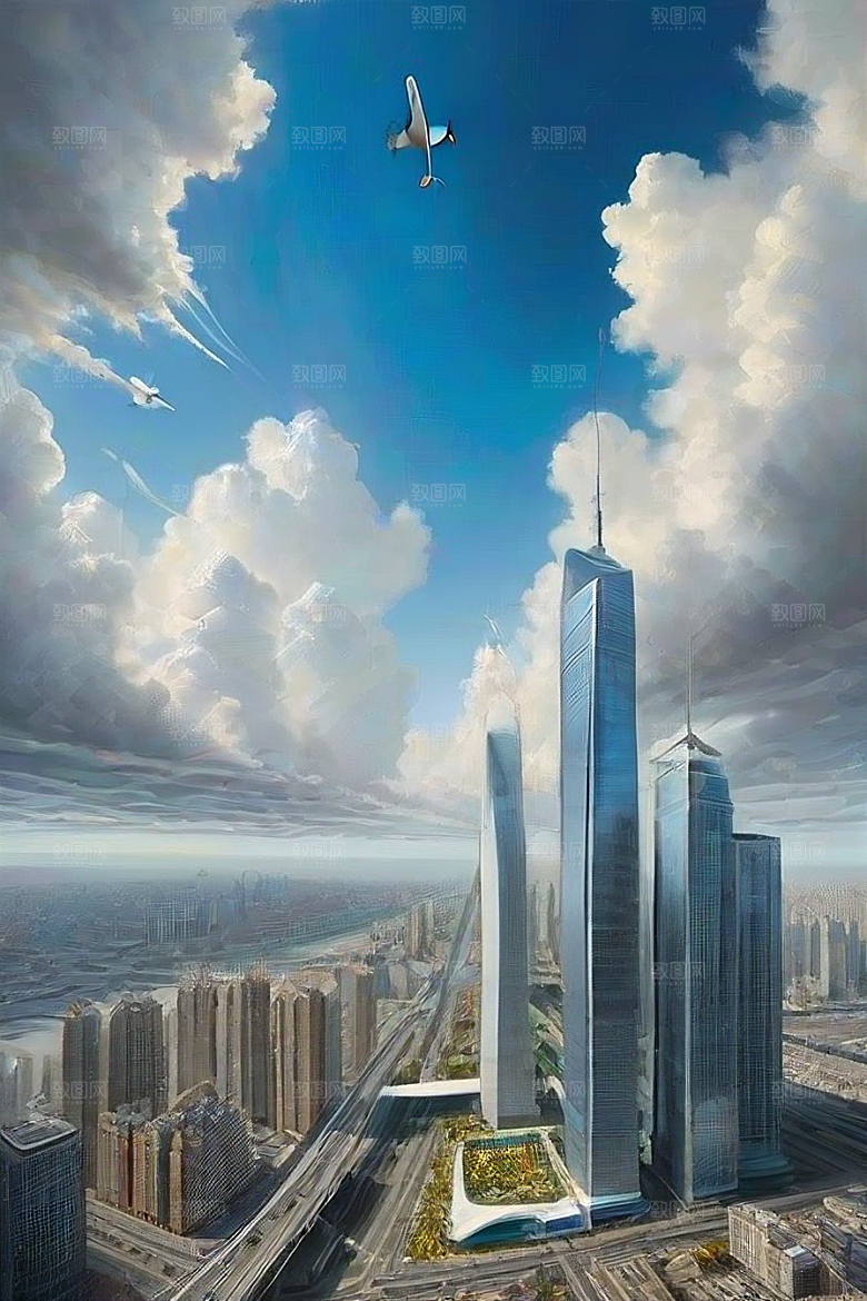 都市摩天高楼大厦与飞机的融合景观
