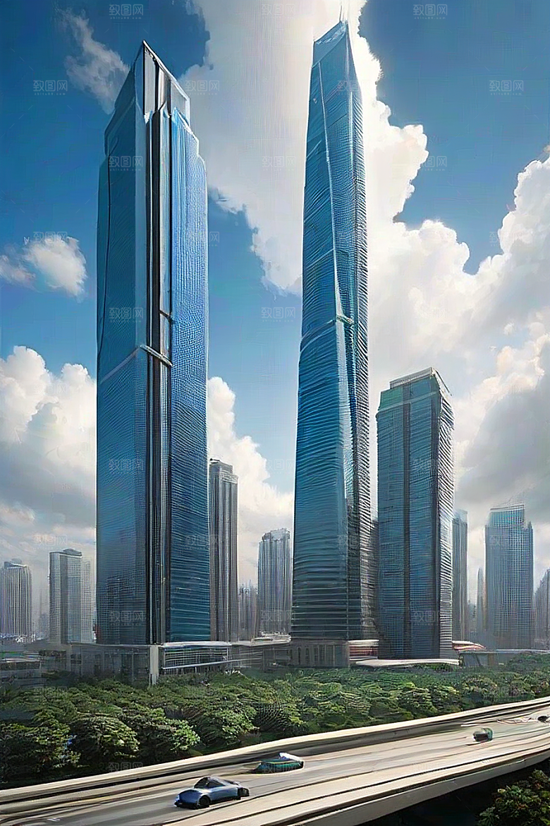 都市摩天高楼大厦与飞机的融合景观