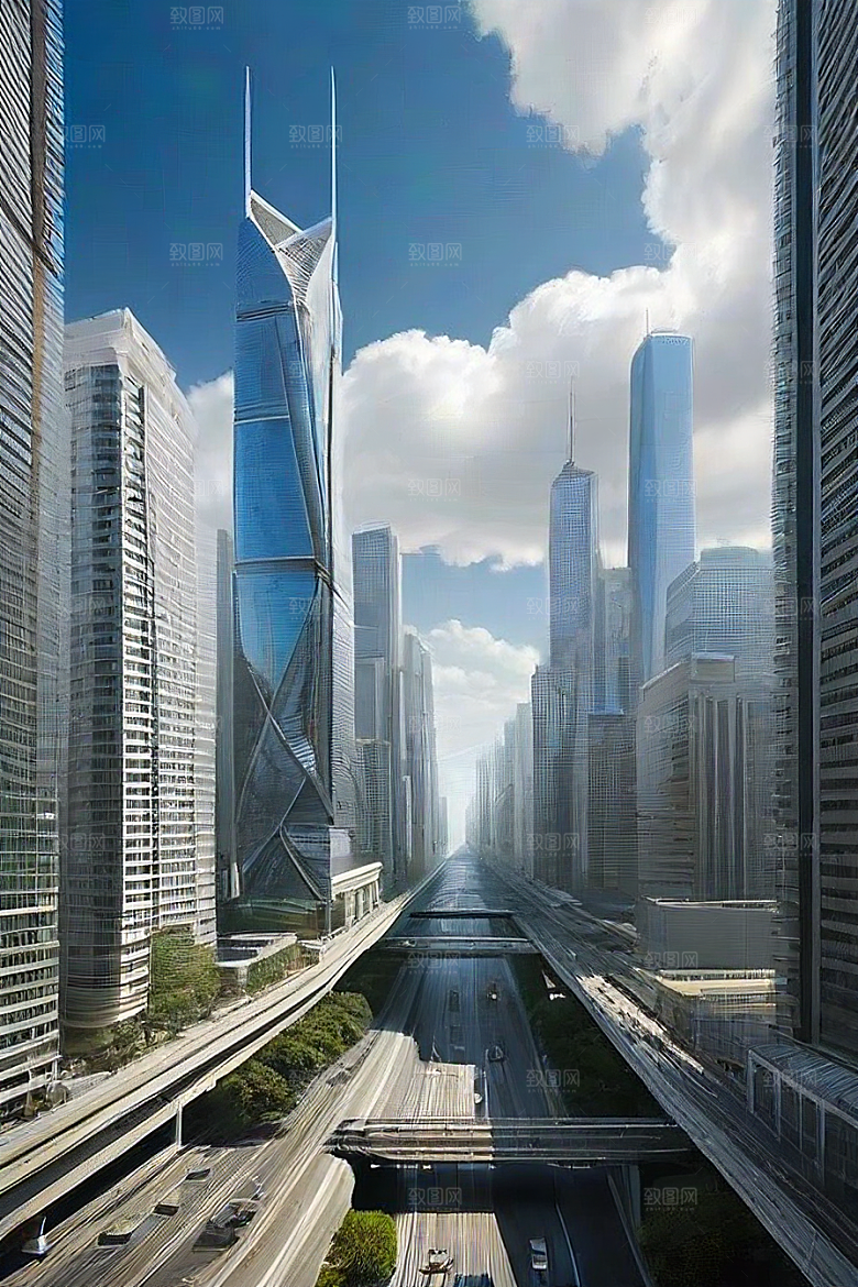 都市摩天高楼大厦与飞机的融合景观