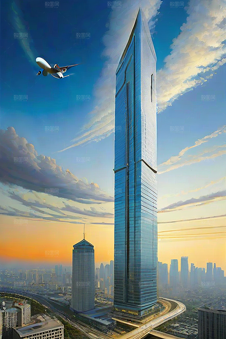 都市摩天高楼大厦与飞机的融合景观