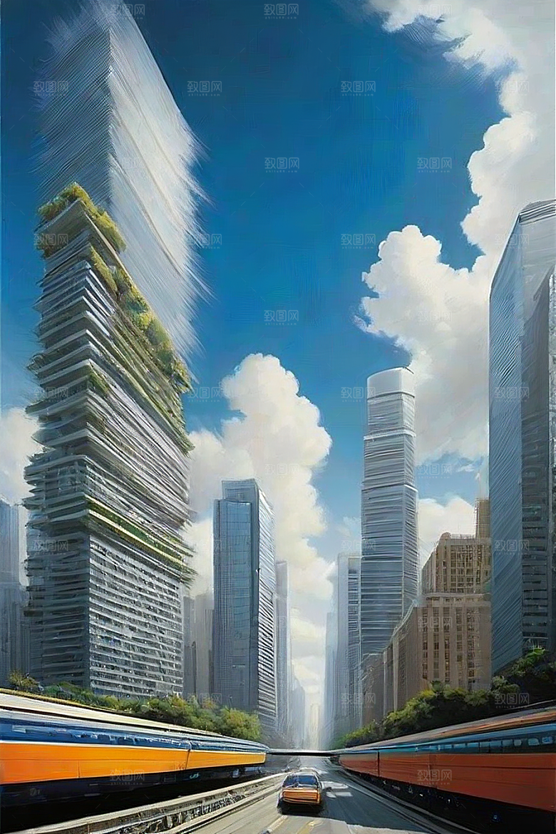 都市摩天高楼大厦与飞机的融合景观