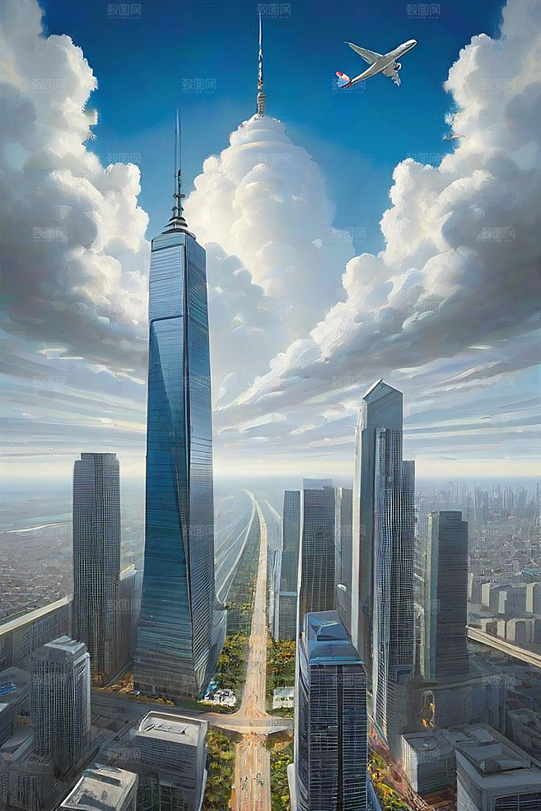 都市摩天高楼大厦与飞机的融合景观