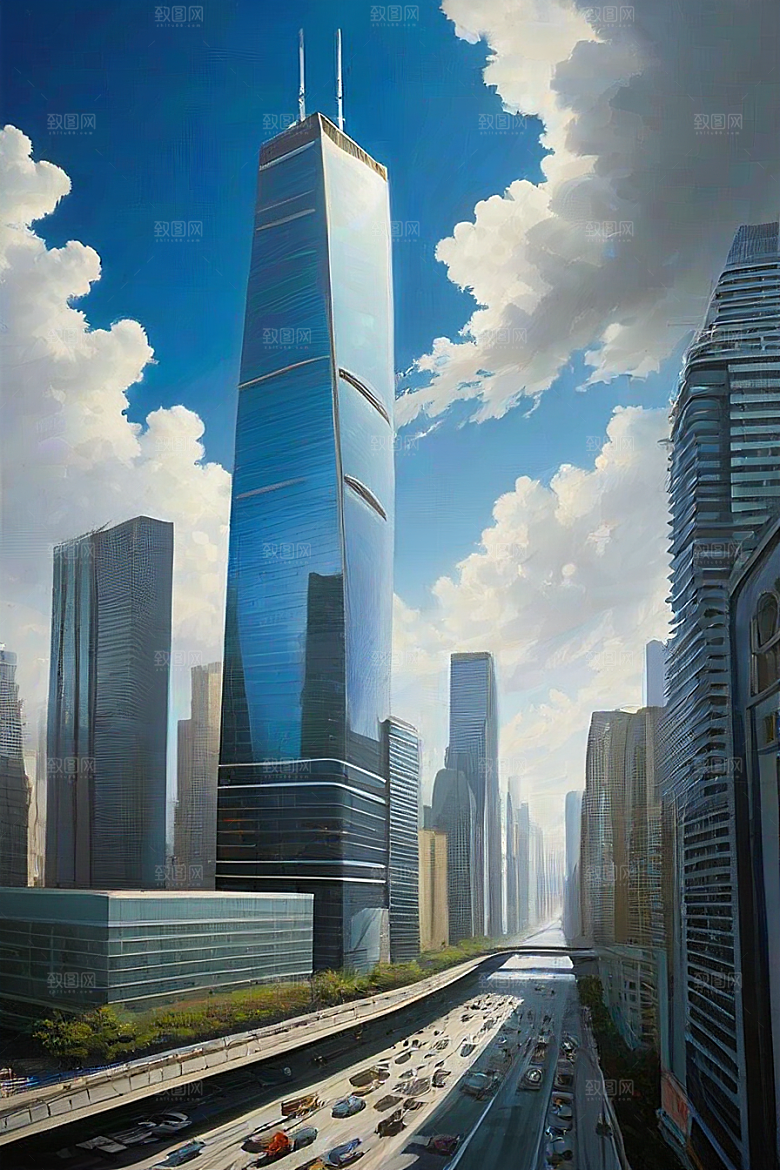 蓝天摩天高楼大厦与飞机的现代风景