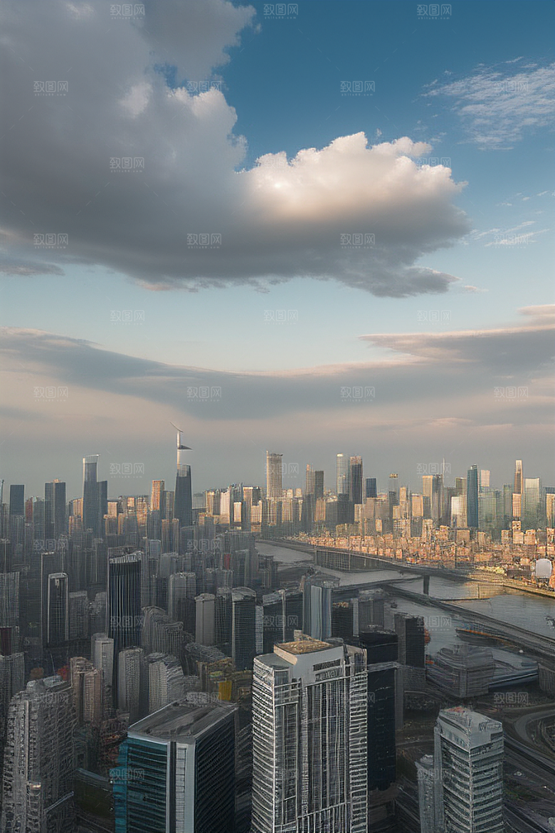 蓝天摩天高楼大厦与飞机的现代风景