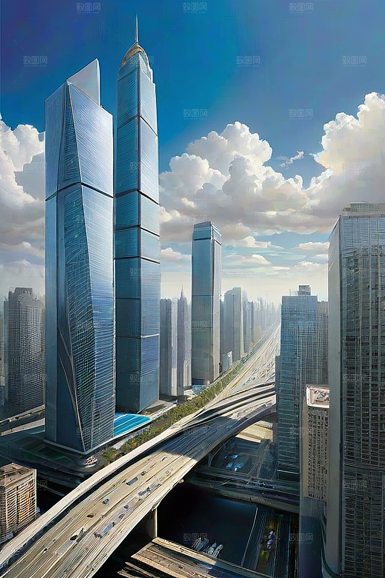 蓝天摩天高楼大厦与飞机的现代风景