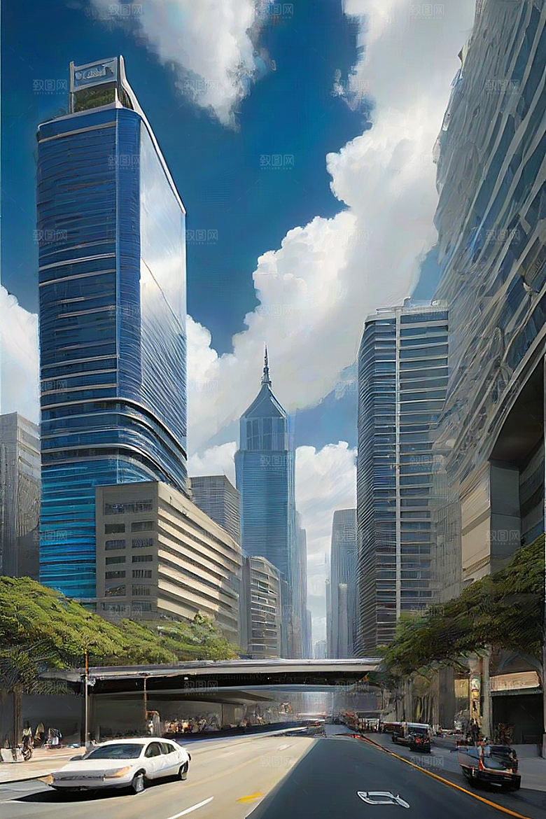 蓝天摩天高楼大厦与飞机的现代风景
