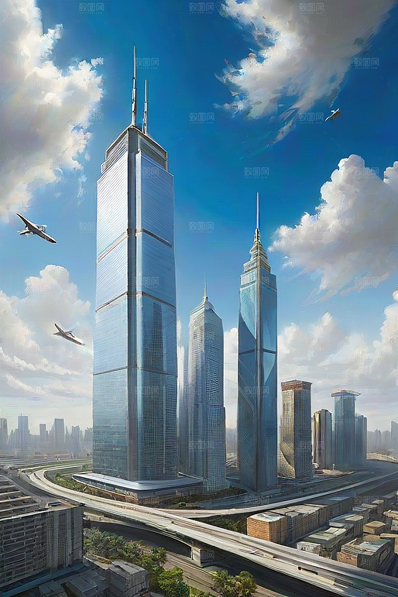蓝天摩天高楼大厦与飞机的现代风景