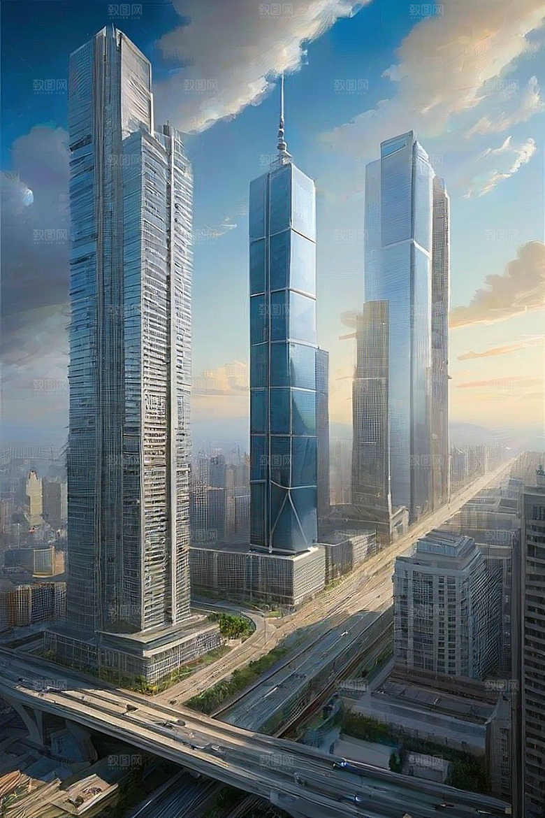 蓝天摩天高楼大厦与飞机的现代风景