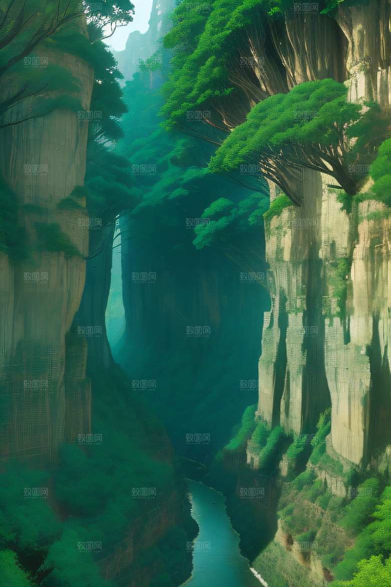 鸟鸣峡谷山石巍峨树木掩映的壮丽景观
