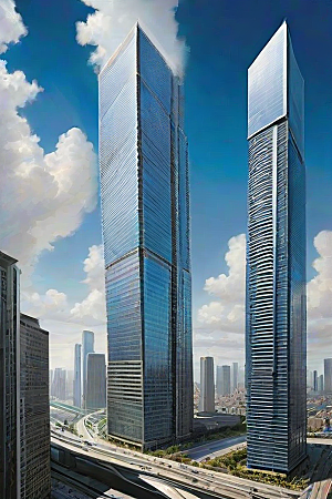 蓝天摩天高楼大厦与飞机的现代风景