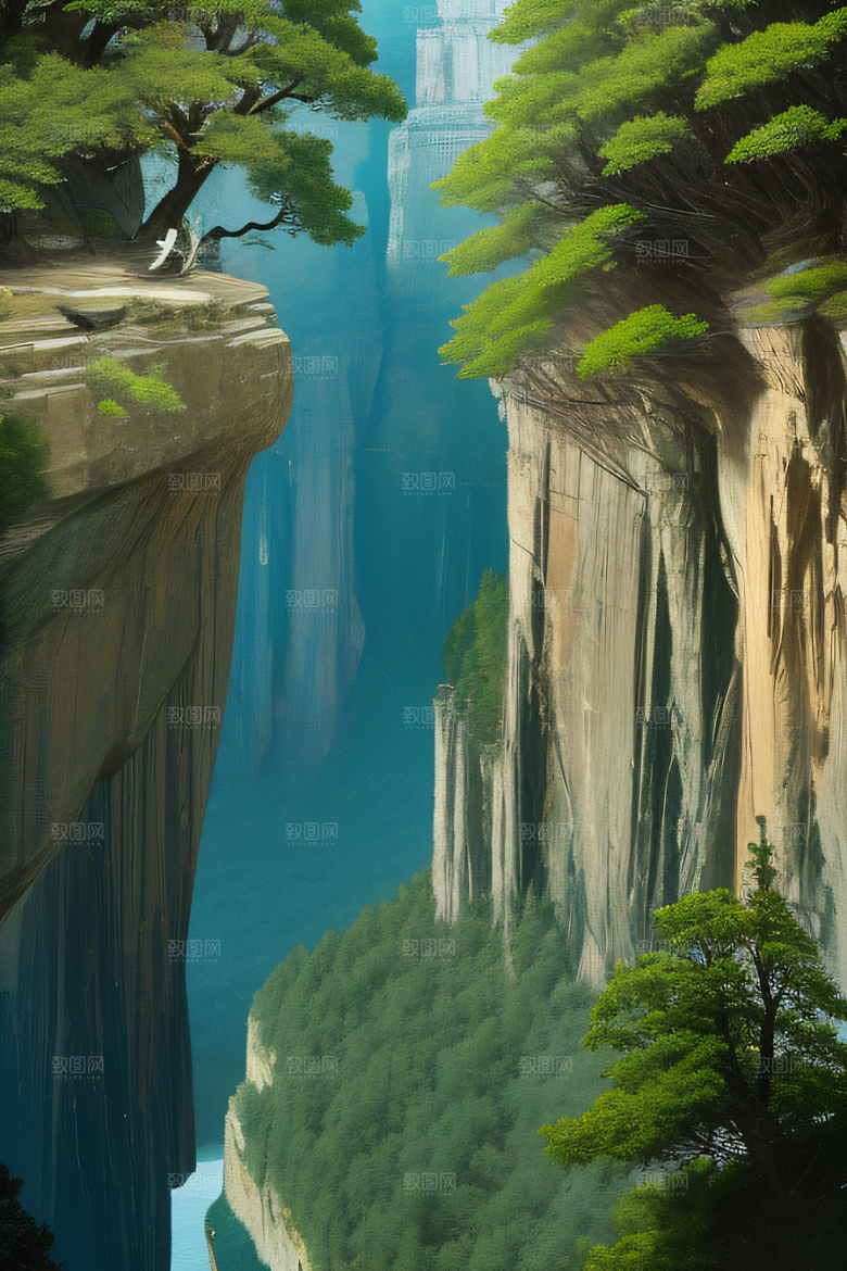 鸟鸣峡谷山石巍峨树木掩映的壮丽景观