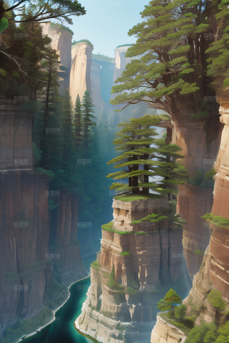 鸟鸣峡谷山石巍峨树木掩映的壮丽景观