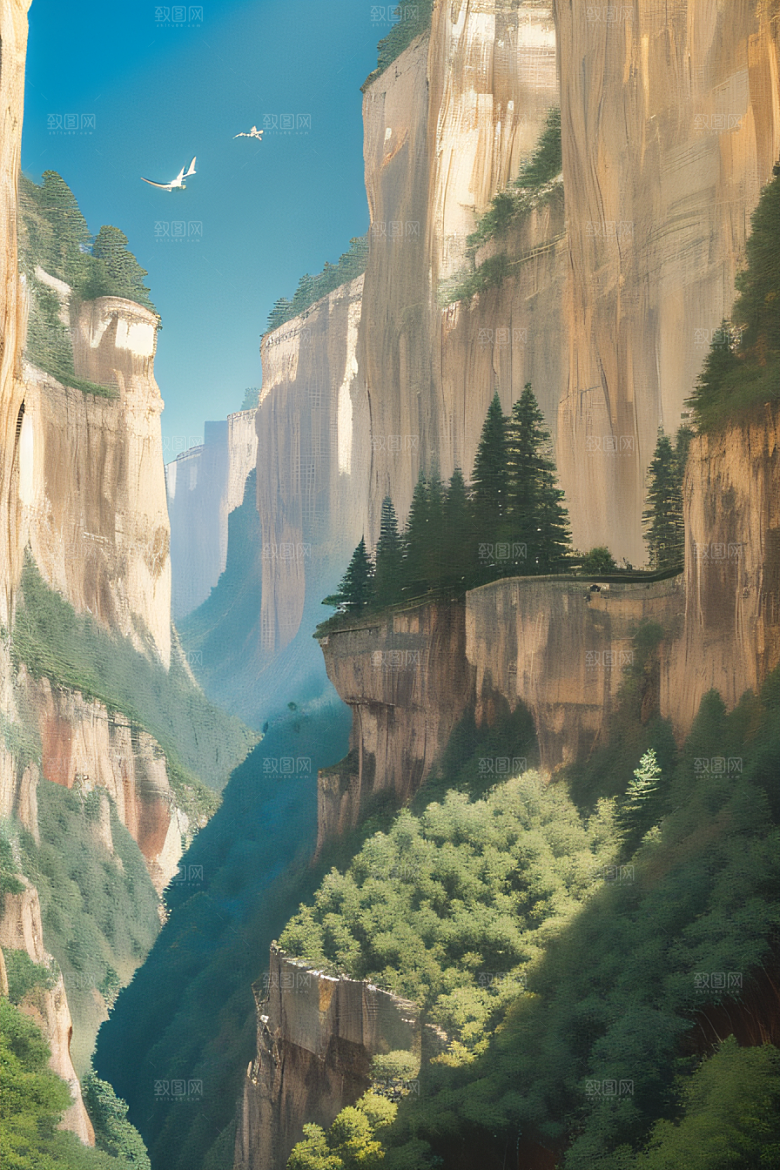 鸟鸣峡谷山石巍峨树木掩映的壮丽景观