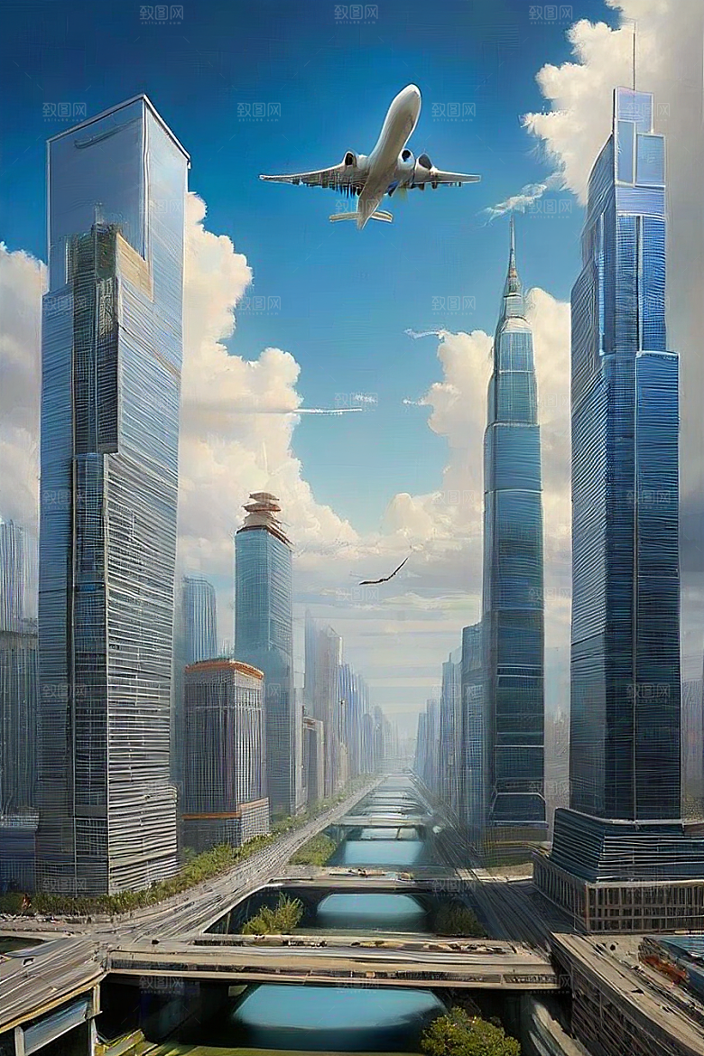 都市飞越高楼大厦与飞机的融合探险